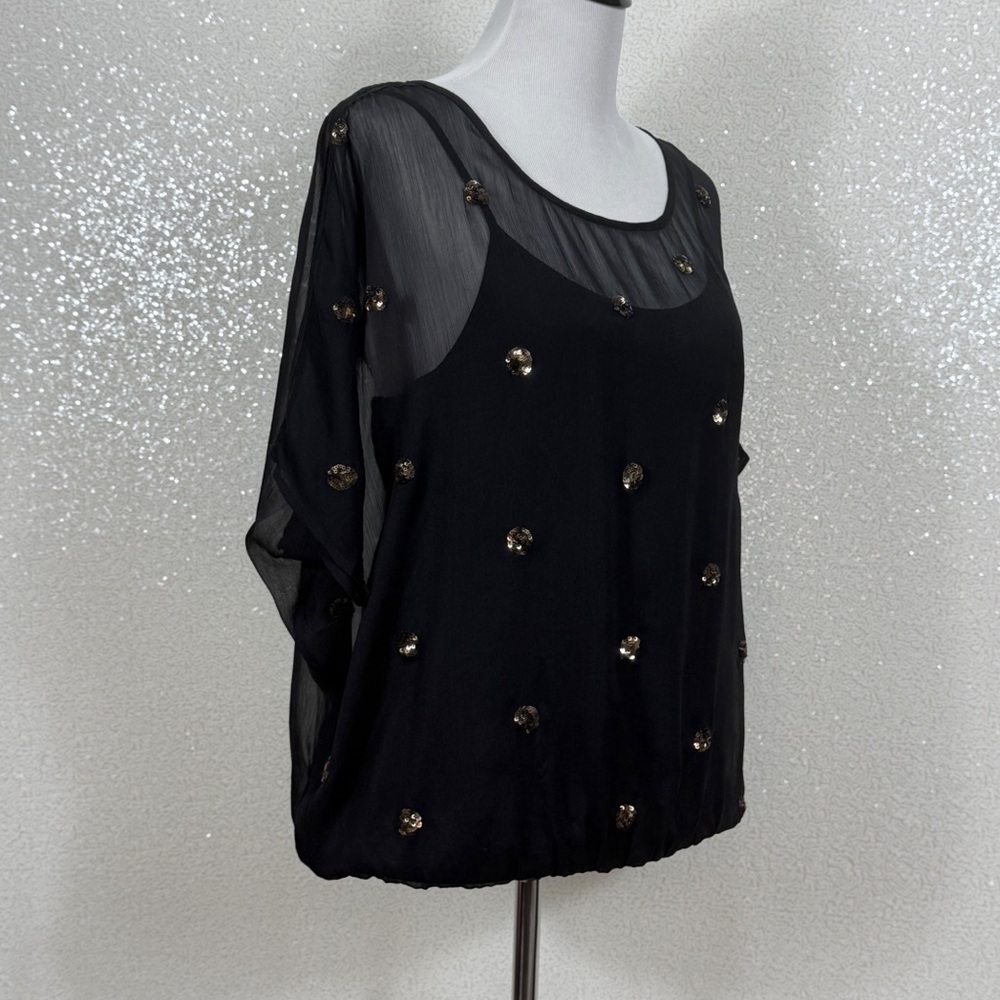 Nine West Black Sheer Chiffon Blouse Gold Sequin Overlay | Dolman Sleeve - Picture 6 of 11